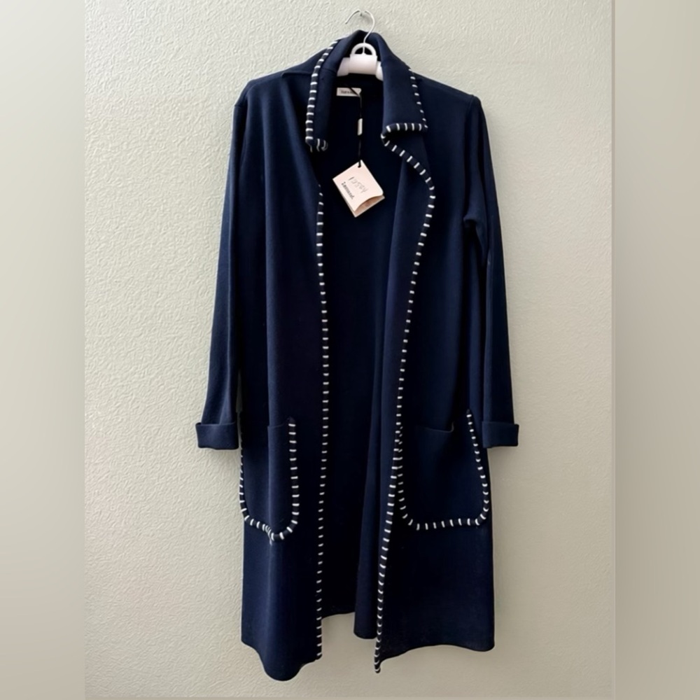 Navy Long Cardigan with White Trim